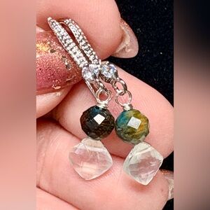 Genuine gemstone Silver tone Earrings, prehnite and tiger eye